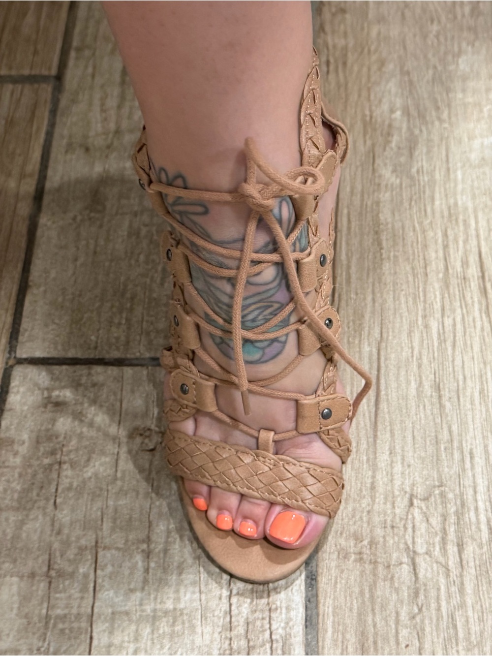 Braided Lace-Up High Heel Sandal in Tan Size 6 - Picture 3 of 16
